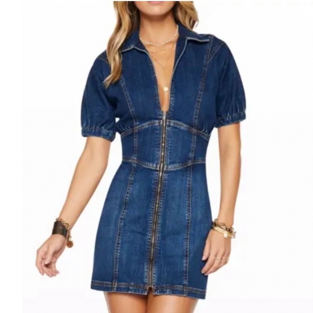 Ramy Brook Denim Mini Dress Womens 27 Blue Excellent Zip Front Puff Sleeve